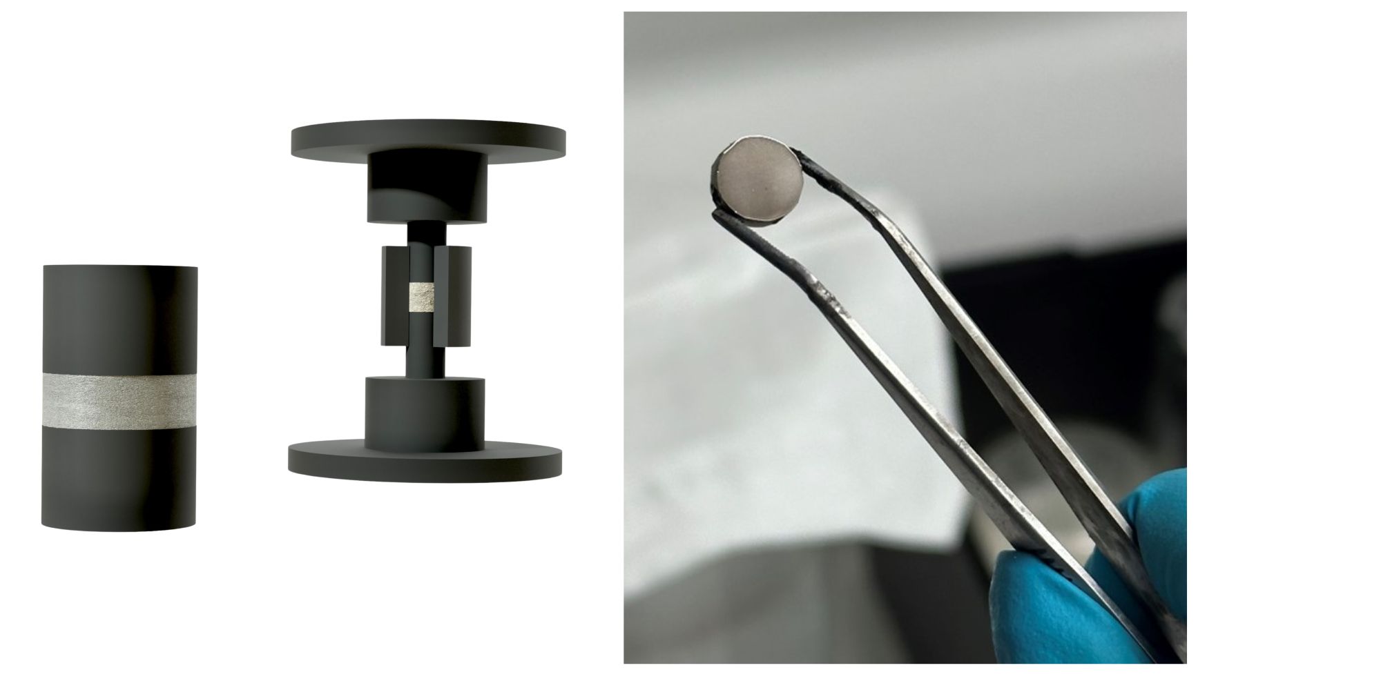 Spark plasma sintering apparatus (Left), and polished UN pellet (Right).
