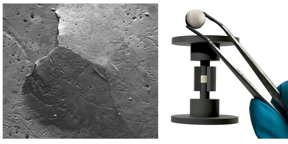 SEM image of a UN pellet (left), SPS aparatus (center) and a polished pelled held with tweezers.